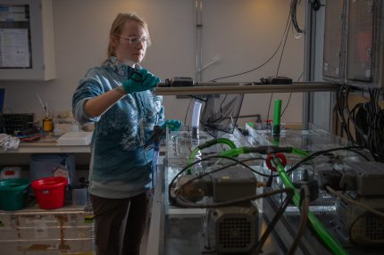 Swim tunnel where marine biologists Max Willems and Sarah Kempf of the Alfred Wegener Institute measure the fitness of polar cod over the course of a year for the YESSS project. The aim of the project is to understand how polar cod respond to seasonal changes and predicted future increases in temperature due to climate change.